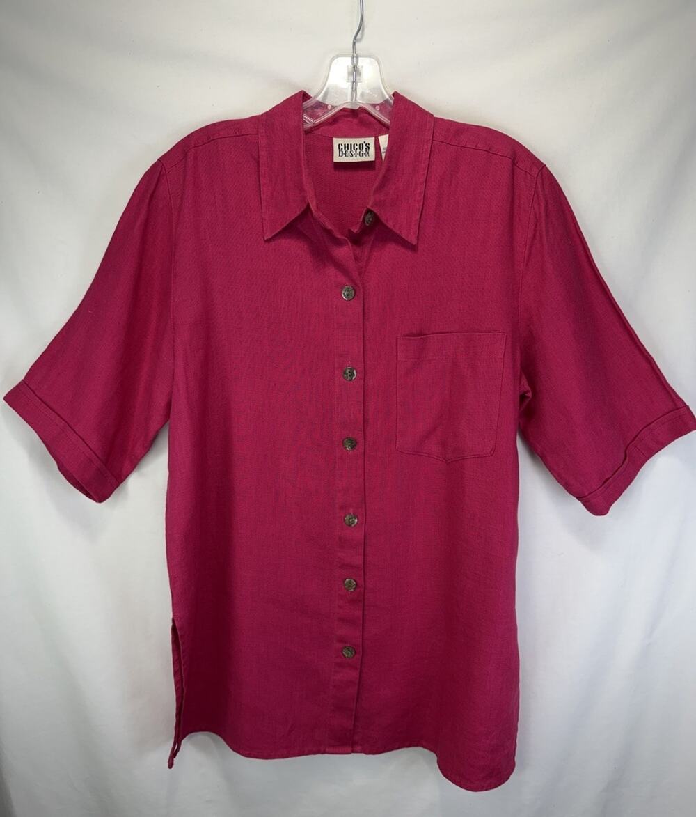 Chicos Design 100% Linen Button Down Short Sleeve Shirt Sz 1 US 8 Fushia Pink